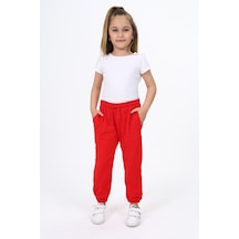 Toontoy Kız Çocuk Baskılı Beli Paçası Lastikli Cepli Basic Jogger Eşofman Altı 2 İplik Kırmızı