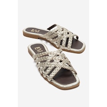 Luvishoes Luvi Shoes Alısha Altın Hakiki Deri Örgü Bantlı Kadın Terlik Altın