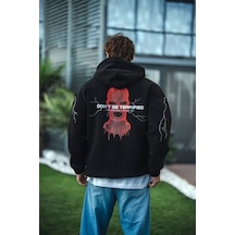 Suma Siyah Oversize Kapüşonlu Baskılı Üç İplik Sweatshirt