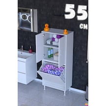 Deniz Kirli Sepetli Ve Kapaklı Raflı, Çok Amaçlı Banyo Dolabı - 55 X 138 X 32,5 Cm 55 Cm