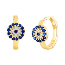 Moom Mücevherat Kadın 14 Ayar Altın Küpe Minimalist Nazar Boncuklu Halka Altın Küpe 13 Mm