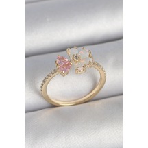 Pirinç Gold Renk Beyaz Mineli Pembe Zirkon Taşlı Çiçek Model Kadın Yüzük 5886 Çok Renkli Çok Renkli
