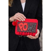 Deri Pow Yazılı Püsküllü Aplikeli Ponponlu Portföy Clutch El Ve Makyaj Çantası 25x 28 Cm Renkli