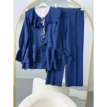 Lovie Moda Luna Fırfır Yakalı Pantolonlu İkili Takım Lacivert