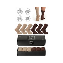 Saysez Bambu Erkek Soket Uzun Düz 3 Kahverengi - 3 Bej Renkli Çorap Dikişsiz Premium Kutulu 6'lı Paket Karışık Renk