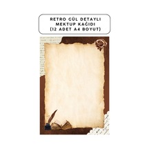Retro Gül Detaylı Mektup Kağıdı 12 Adet A4 Boyut