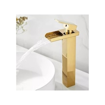 Rena Design Mat Gold Köşeli Gövde Çanak Lavabo Bataryası Havza Model Uzun Altın Lavabo Musluğu Çift Girişarmatür Mat Altın Gold