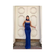 DefyModa Kadın Scuba Esnek Kumaş Straplez Balık Kesim Abiye Elbise Saks