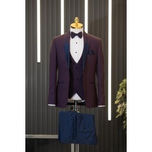 Regular Fit Armürlü Şal Yaka Yaka Çıkmalı Yelekli Papyonlu Smokin Takım Elbise 001
