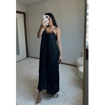 Moystore Zr Boynu Boncuk İşlemeli Kırışık Model Siyah Elbise