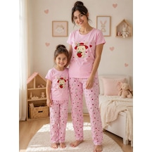 Aliş Kids Anne-kız Çocuk Pamuklu Pembe Tavşan Desenli Kısa Kollu Bisiklet Yaka Yazlık Pijama Takımı