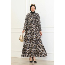 Çiçek Desenli Bağlamalı Viskon Kumaş Elbise - Lacivert Lacivert