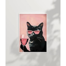 Çerçevesiz Poster Pembe Kadeh Siyah Kedi