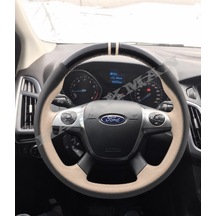 Ford Connect Dikme Direksiyon Kılıfı Parlak Siyah Bej Detaylı Bej Çift Yüzük Ve Dikiş 2014-2022