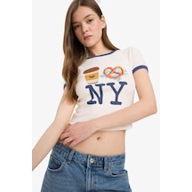 Defacto Coool Fitted Crop Bisiklet Yaka Baskılı Ribana Kısa Kollu Tişört F2785ax25smwt32 Beyaz