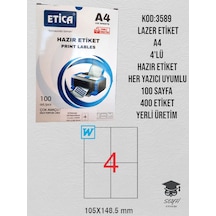 3589 Lazer Etiket A4 4'lü Hazır Etiket Her Yazıcı Uyumlu 100 Sayfa 400 Etiket Yerli Üretim