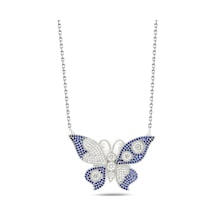 Brezza Lusso Jewelry 925 Ayar Mavi Taşlı Kelebek Uzun Kadın Gümüş Kolye 80 CM ve Üzeri