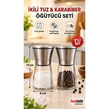Bymyhand Paslanmaz Çelik Cam Gövdeli Tuz Ve Karabiber Öğütücü Baharat Değirmeni 2'li Set Orta Boy Metalik Gri