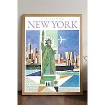 New York Doğal Ahşap Çerçeveli Poster, Dekoratif Seyahat Duvar Tablosu
