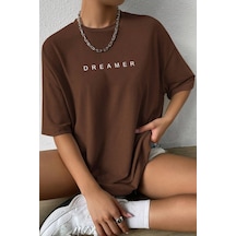 Unisex Dreamer Baskılı Oversize Tshirt Kahverengi