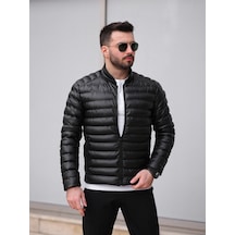 Slim Fit Deri Şişme Mont Siyah