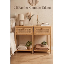 Robin Home Bambu 2'li Hazeran Rattan Çekmeceli Raflı Komodin Seti Bej