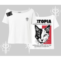 Tarzsokak Modern Kedi Temalı Arka Baskılı Kayık Yaka Tshirt Beyaz