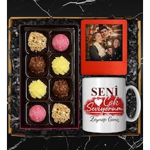 Sevgililer Gününe Özel Tasarım Kişiye Özel Kupa & Truffle Çikolata Kutusu & Kişiye Özel Kırmızı Fotoğraf Çerçevesi Hediye Seti