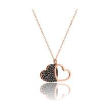 925 Ayar Gümüş Zirkon Taşlı Çift Kalp Kolye Rose Gold - Siyah