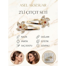 2'li Set Çiçek Figürlü Kırmızı Taş Detaylı Metal Çıtçıt Saç Tokası Farklı Renk Seçenekli Altın