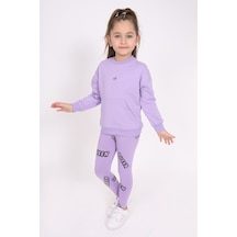 Toontoy Kız Çocuk 2'li Takım Baskılı Bisiklet Yaka Düşük Omuz Cepli Sweatshirt & Basic Düz Tayt Lila