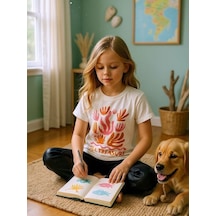 Zekids Kız Çocuk Pamuklu Desenli Tasarım T-shirt-16316 Beyaz