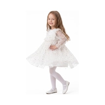 Bebegen Kız Çocuk Ekru Gold Yıldız Desenli Tüllü Elbise Çok Renkli