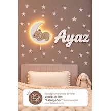 El Boyaması Ahşap Aylı Ayıcık Lamba & Işıksız İsimlik Seti İsimli Bebek Ve Çocuk Odası Dekoru Bej