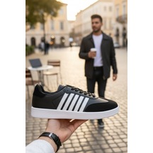 Enoch Erkek Günlük Spor Ayakkabı Retro Sneaker 5 Çizgili Ve Süet Detaylı Klasik Court Modeli Siyah - Beyaz
