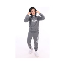 Toontoy Kids Toontoy Erkek Çocuk 2'li Takım Baskılı Kapüşonlu Fermuarlı Sweatshirt & Beli Paçası Lastikli Cepli Jogger Eşofman Altı - 2 İplik Antrasit