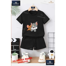 Ss Sinser Çocuk Unısex Tom Ve Jerry Eller Cenede Özel Baskılı Bisiklet Yaka Tişört - Şort Alt - Üst Çocuk Takım Renk:siyah