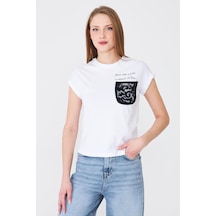 Sortie Collection Dantel Cepli Yazı Baskılı Katlama Kollu Tshirt Ekru Beyaz
