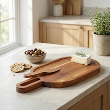 Doğal Akasya Ahşap Oval Peynir Ve Sunum Tahtası 30x14 Cm Saplı Servis Tepsisi, Yanında Özel Ahşap Peynir Bıçağı İle 2 Parça Set Çok Renkli