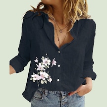Siyah Kadın Moda Yaka Boyun Gömlek İlkbahar Ve Sonbahar Pamuk Keten Üst Rahat Baskı Hırka Bluzlar 5xl Siyah