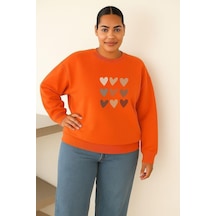 Benroma 3 İplik Penye Çoklu Kalp Baskılı Büyük Beden Unisex Sweatshırt Turuncu