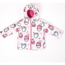 Spor Kız Çocuk Polarlı Kürklü Kapüşonlu Penguen Şeker Desenli Şişme Mont Parka-103 Pembe