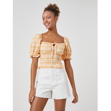 Koton Crop Bluz Balon Kollu Gipe Detaylı Kare Yaka Turuncu Ekoseli 3sal60038ıw Turuncu Ekoseli Turuncu