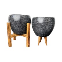 Bitki Tasarımı Ev Dekorasyon Siyah Granit Toprak Saksı Saksılık Salon Çiçeklik İkili Set 3 Ayaklı- 4 Ayaklı- 15 CM