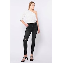 Kadın Antrasit Dizi Yırtık Süper Skinny Fit Jean Pantolon 001