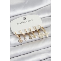 316l Çelik Gold Renk 6&amp 39lı Set Yonca Model Kadın Küpe - Özel Seri Bzsurn013578 Altın