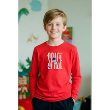 Sıfır Yaka Space Baskılı Erkek Çocuk Sweatshirt Kırmızı