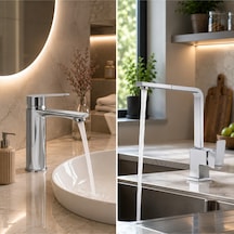 Krom Lüx Premium 2'li Set Banyo Lavabo Bataryası Ve Kare Mutfak Bataryası Şık Tasarım Özgün Model Batarya Gri