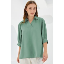 Kadın Çağla Yeşili Gömlek Yaka Saten Bluz 0493 0493bgd19-500-14485 001