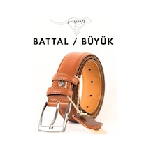 Parscraft Battal Boy / Büyük Beden / Uzun Boy Xxl 3,5 Cm Taba Klasik Erkek Hakiki Deri Kemer